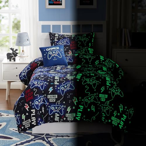Kaleido Space Kids Comforter Set Full Size for Boys Glow in The Dark Gamer Bedding Set 1 Comforter 1 Decor Pillow 2 Pillow Shams