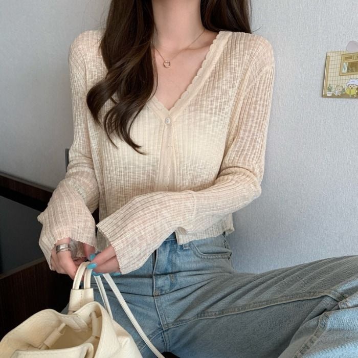 Tweed Style Knitted Cardigan Thin Womens Summer V-neck Ice Silk Loose-fit Outerwear Sunscreen Jacket Cropped Top Long Sleeve Purple  - Image 5