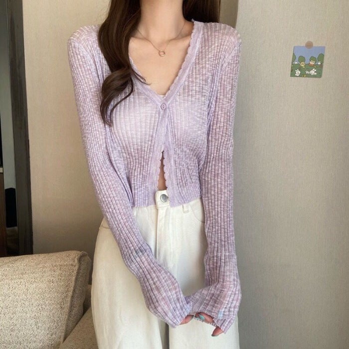 Tweed Style Knitted Cardigan Thin Womens Summer V-neck Ice Silk Loose-fit Outerwear Sunscreen Jacket Cropped Top Long Sleeve Purple  - Image 1