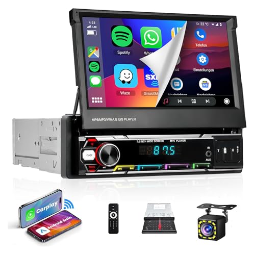 Podofo راديو شاشة تعمل باللمس 7 بوصة مع Carplay اللاسلكي، شاشة IPS قابلة للطي يدويًا، راديو سيارة AM/FM/RDS بلوتوث 5.1، شحن سريع، Android Auto لاسلكي، رابط مرآة، 2 منفذ USB/TF/AUX + كاميرا خلفية - Image 1