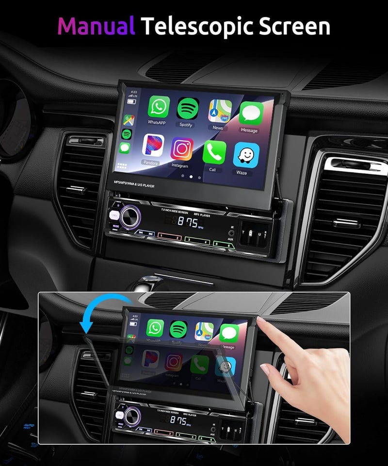 Podofo راديو شاشة تعمل باللمس 7 بوصة مع Carplay اللاسلكي، شاشة IPS قابلة للطي يدويًا، راديو سيارة AM/FM/RDS بلوتوث 5.1، شحن سريع، Android Auto لاسلكي، رابط مرآة، 2 منفذ USB/TF/AUX + كاميرا خلفية - Image 2