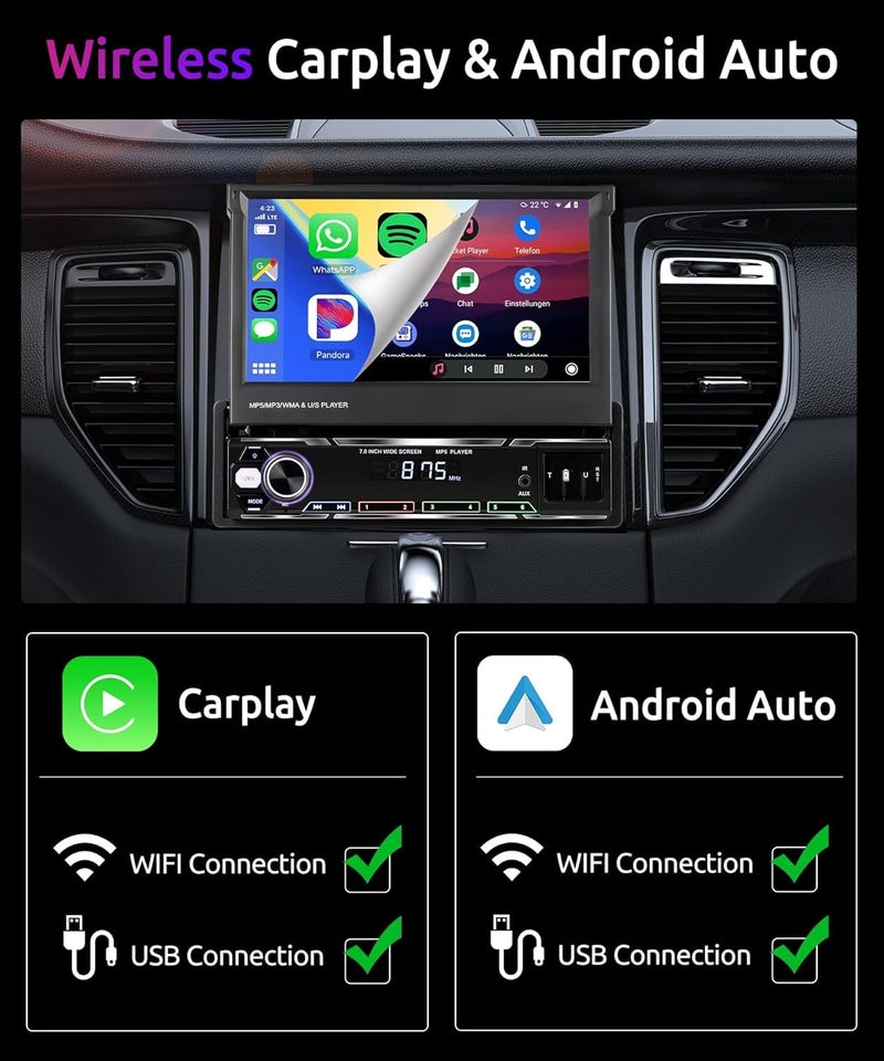 Podofo راديو شاشة تعمل باللمس 7 بوصة مع Carplay اللاسلكي، شاشة IPS قابلة للطي يدويًا، راديو سيارة AM/FM/RDS بلوتوث 5.1، شحن سريع، Android Auto لاسلكي، رابط مرآة، 2 منفذ USB/TF/AUX + كاميرا خلفية - Image 3