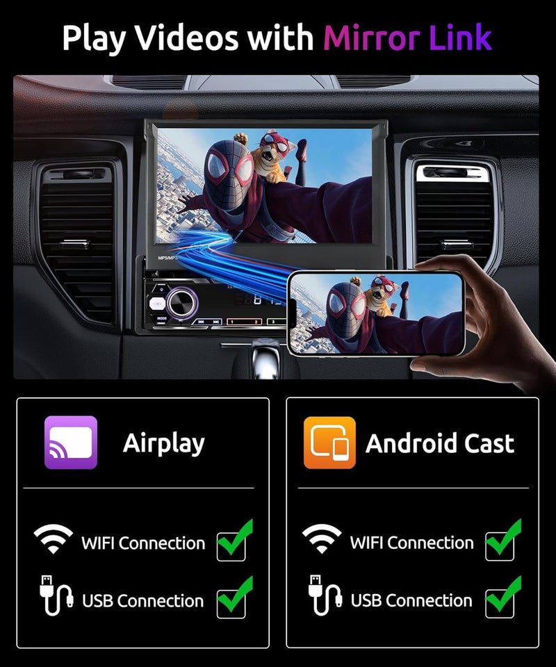 Podofo راديو شاشة تعمل باللمس 7 بوصة مع Carplay اللاسلكي، شاشة IPS قابلة للطي يدويًا، راديو سيارة AM/FM/RDS بلوتوث 5.1، شحن سريع، Android Auto لاسلكي، رابط مرآة، 2 منفذ USB/TF/AUX + كاميرا خلفية - Image 4
