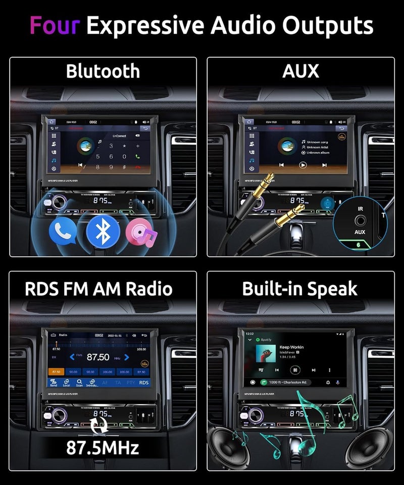 Podofo راديو شاشة تعمل باللمس 7 بوصة مع Carplay اللاسلكي، شاشة IPS قابلة للطي يدويًا، راديو سيارة AM/FM/RDS بلوتوث 5.1، شحن سريع، Android Auto لاسلكي، رابط مرآة، 2 منفذ USB/TF/AUX + كاميرا خلفية - Image 5