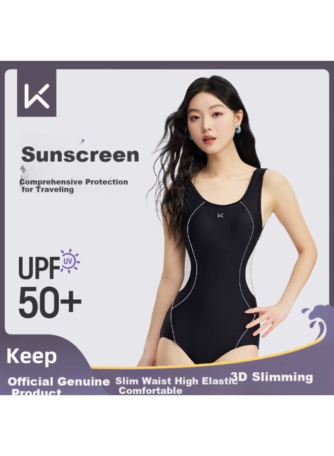 Keep Women's One-piece Triangle Waist Slimming Compeive Swimwear Professional Training Spa Swimsuit Black XL - Image 1
