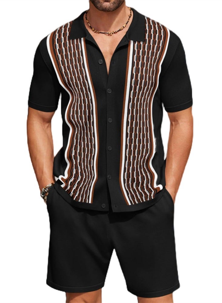 Summer Men's Cool Silk Jacquard Two-piece Knitted Sweater Casual Polo Shirt Fashion Suit - Image 1