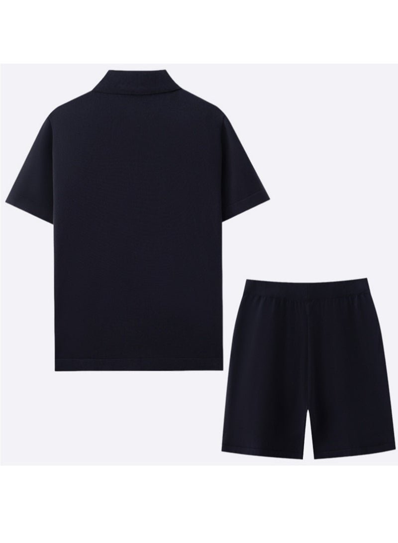 Summer Men's Cool Silk Jacquard Two-piece Knitted Sweater Casual Polo Shirt Fashion Suit - Image 4