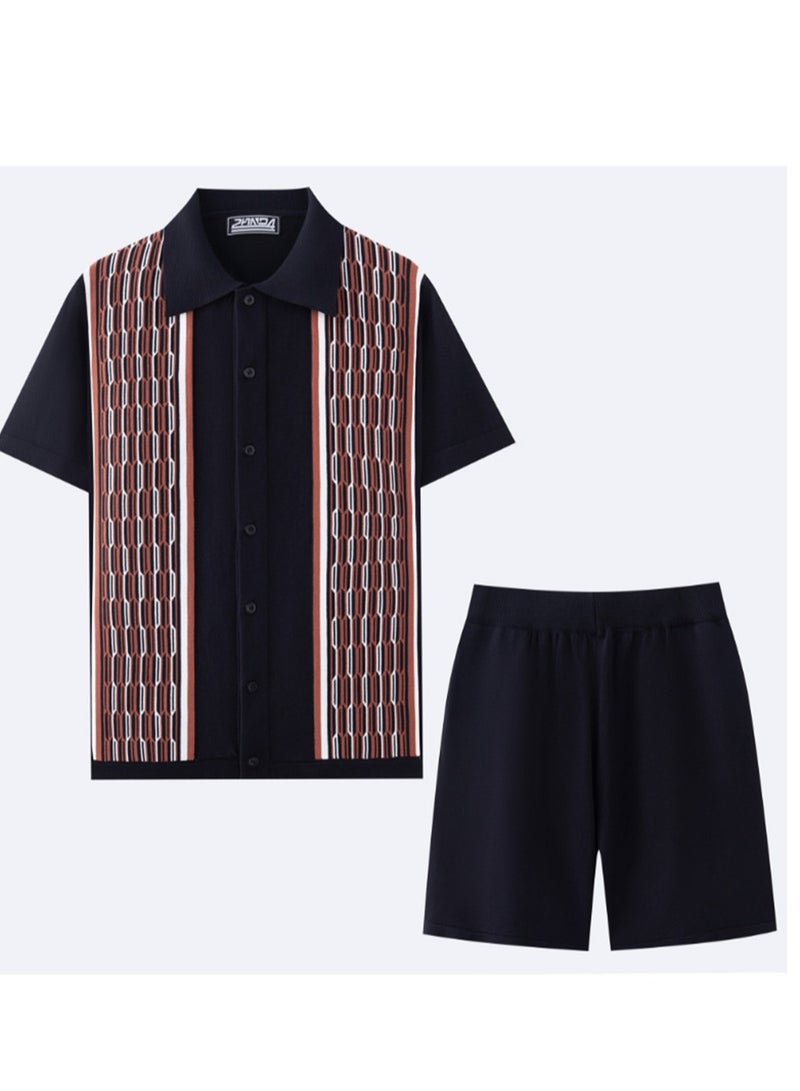 Summer Men's Cool Silk Jacquard Two-piece Knitted Sweater Casual Polo Shirt Fashion Suit - Image 3