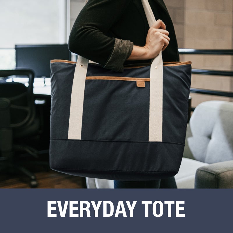CleverMade Premium Malibu Tote Bag with Laptop Compartment; Stylish Purse for Work, Beach, and Travel; Made From Recycled Materials, Navy Large - Image 2