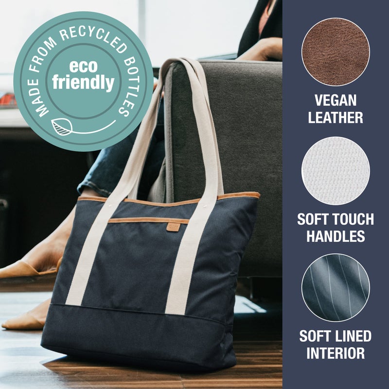 CleverMade Premium Malibu Tote Bag with Laptop Compartment; Stylish Purse for Work, Beach, and Travel; Made From Recycled Materials, Navy Large - Image 3