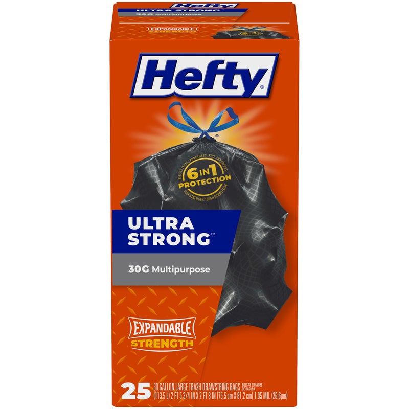 Hefty Ultra Strong Multipurpose Large Trash Bags, Black, Unscented, 30 Gallon, 25 Count - Image 1