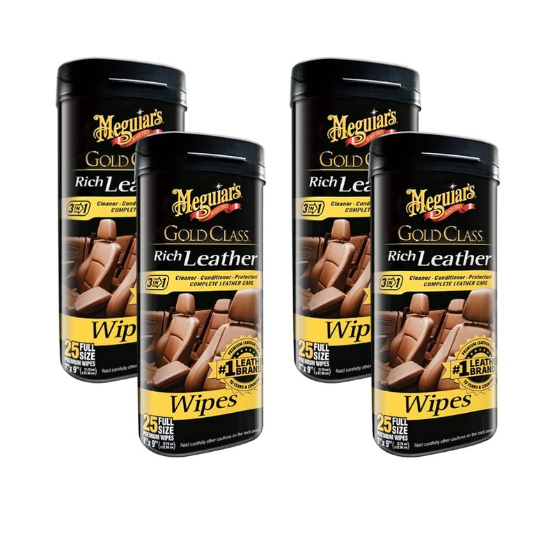 Meguiar's Gold Class Rich Leather Wipes Clean, Condition & Protect Leather Surfaces with UV Protection, Aloe-Infused Formula, 30 Wipes, 4 Packs