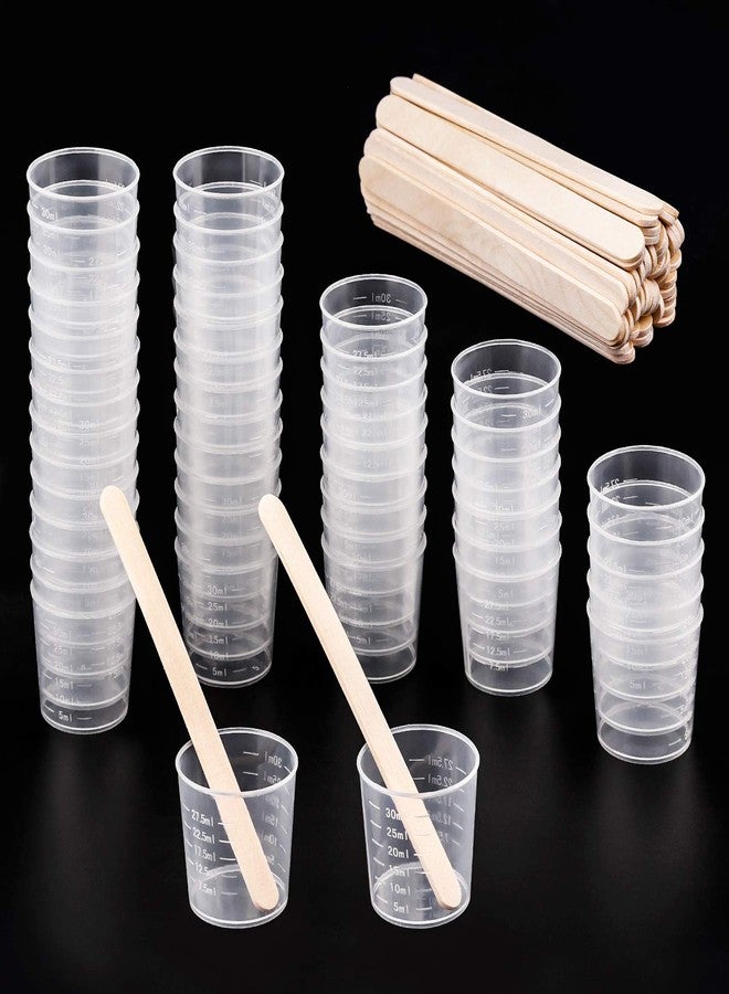WXJ13 50 Pack 30ml Plastic Reusable Graduated Cups Transparent Scale Cups with 50 Pack Wooden Stirring Sticks for Mixing Paint, Stain, Epoxy, Resin - Image 1
