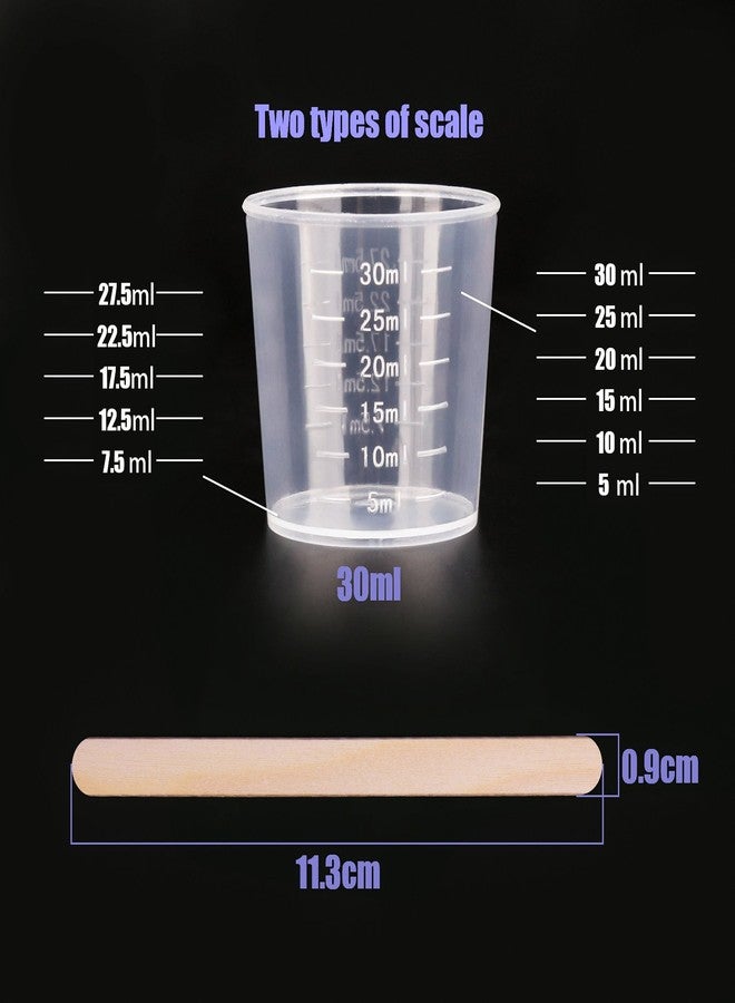 WXJ13 50 Pack 30ml Plastic Reusable Graduated Cups Transparent Scale Cups with 50 Pack Wooden Stirring Sticks for Mixing Paint, Stain, Epoxy, Resin - Image 2