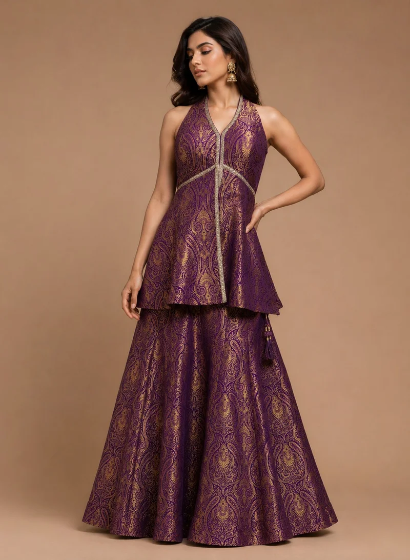 Lehar Regal Purple Woven Silk Blend Sharara Set with Net Dupatta