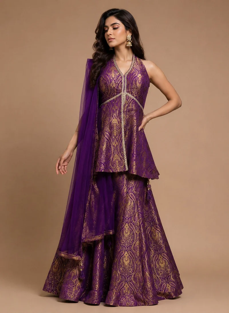 Lehar Regal Purple Woven Silk Blend Sharara Set with Net Dupatta
