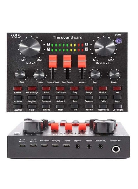 V8S Live Sound Card Bluetooth Audio Mixer – All-in-One Portable Voice Changer with 16 Sound Effects, Studio-Quality Streaming Audio Interface for Live Broadcast, Podcasting, Singing, Gaming, and Voice Recording with Mobile & PC Compatibility