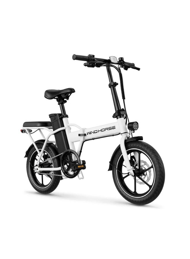 ويندهورس دراجة كهربائية قابلة للطي، محرك 350 واط، بطارية 36 فولت 8 أمبير، سرعة 40 كم/ساعة، مدى 35 كم، فرامل قرصية مزدوجة، إطارات 16 بوصة، هيكل من سبائك الكربون، دراجة كهربائية محمولة بمقعد مزدوج - Image 1