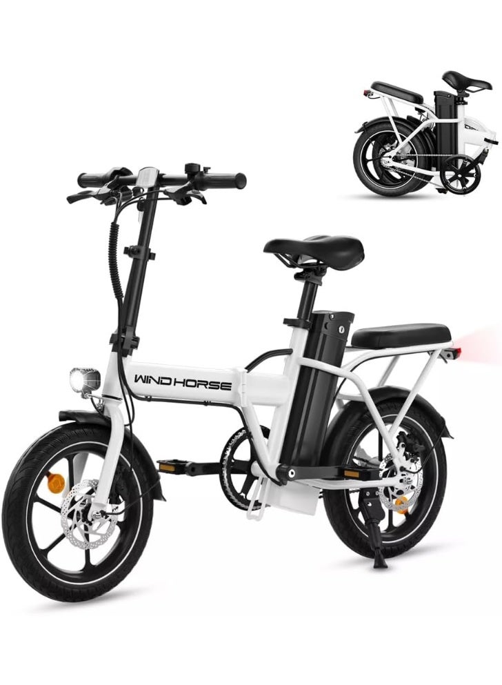ويندهورس دراجة كهربائية قابلة للطي، محرك 350 واط، بطارية 36 فولت 8 أمبير، سرعة 40 كم/ساعة، مدى 35 كم، فرامل قرصية مزدوجة، إطارات 16 بوصة، هيكل من سبائك الكربون، دراجة كهربائية محمولة بمقعد مزدوج - Image 2