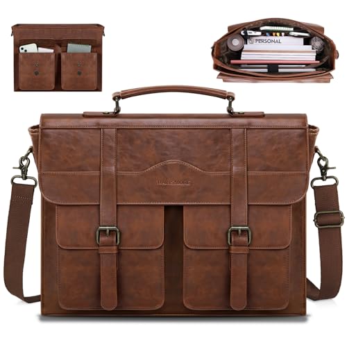 RAINSMORE Mens Messenger Bag 17 Inch Vintage Leather Laptop Briefcase Magnetic Closure Large Satchel Computer Shoulder Bag for Office Travel College, Brown - Image 1