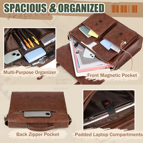 RAINSMORE Mens Messenger Bag 17 Inch Vintage Leather Laptop Briefcase Magnetic Closure Large Satchel Computer Shoulder Bag for Office Travel College, Brown - Image 2