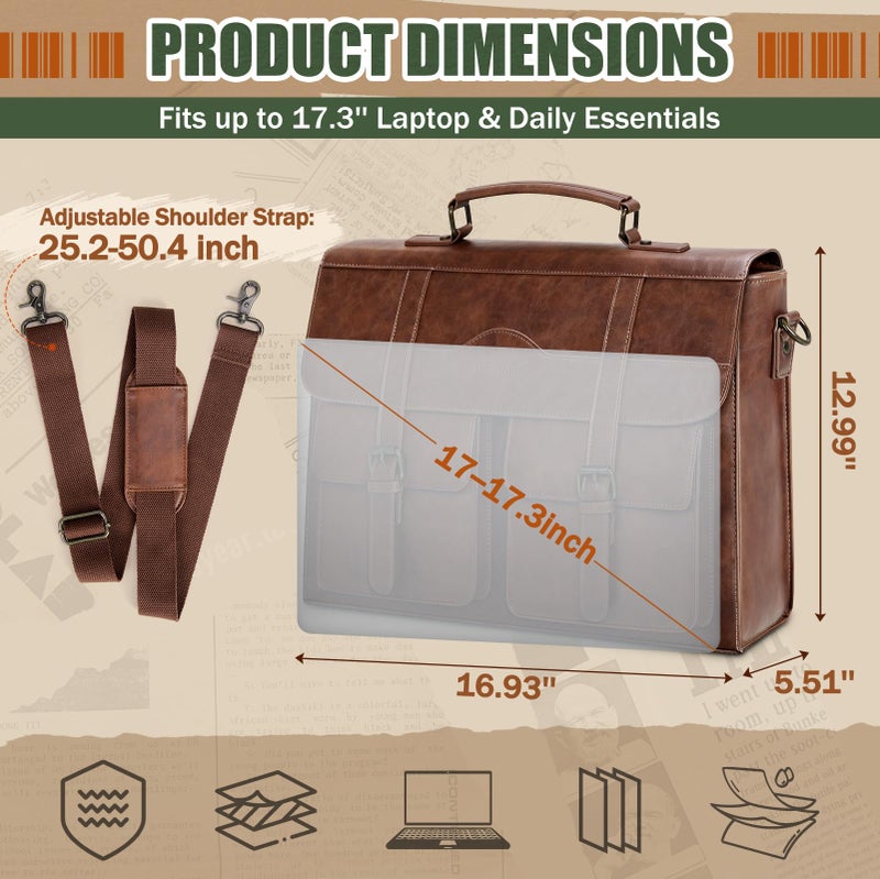 RAINSMORE Mens Messenger Bag 17 Inch Vintage Leather Laptop Briefcase Magnetic Closure Large Satchel Computer Shoulder Bag for Office Travel College, Brown - Image 3