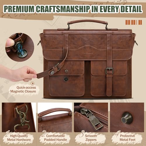 RAINSMORE Mens Messenger Bag 17 Inch Vintage Leather Laptop Briefcase Magnetic Closure Large Satchel Computer Shoulder Bag for Office Travel College, Brown - Image 4