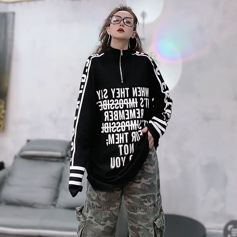 European Half Turtleneck Zipper Top T-Shirt for Women 2025 New Loose Mid-Length Printed Personalized Long-Sleeved T-Shirt Trendy - Image 1