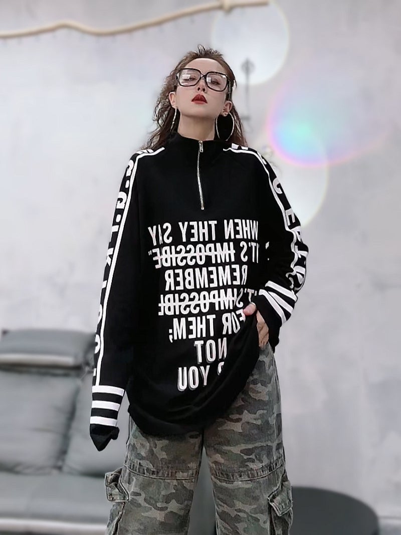 European Half Turtleneck Zipper Top T-Shirt for Women 2025 New Loose Mid-Length Printed Personalized Long-Sleeved T-Shirt Trendy - Image 2