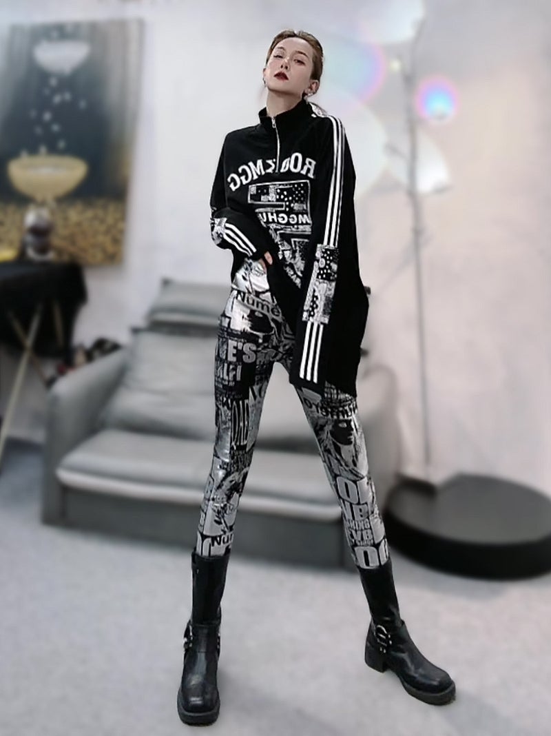 European Half Turtleneck Zipper Top T-Shirt for Women 2025 New Loose Mid-Length Printed Personalized Long-Sleeved T-Shirt Trendy - Image 3