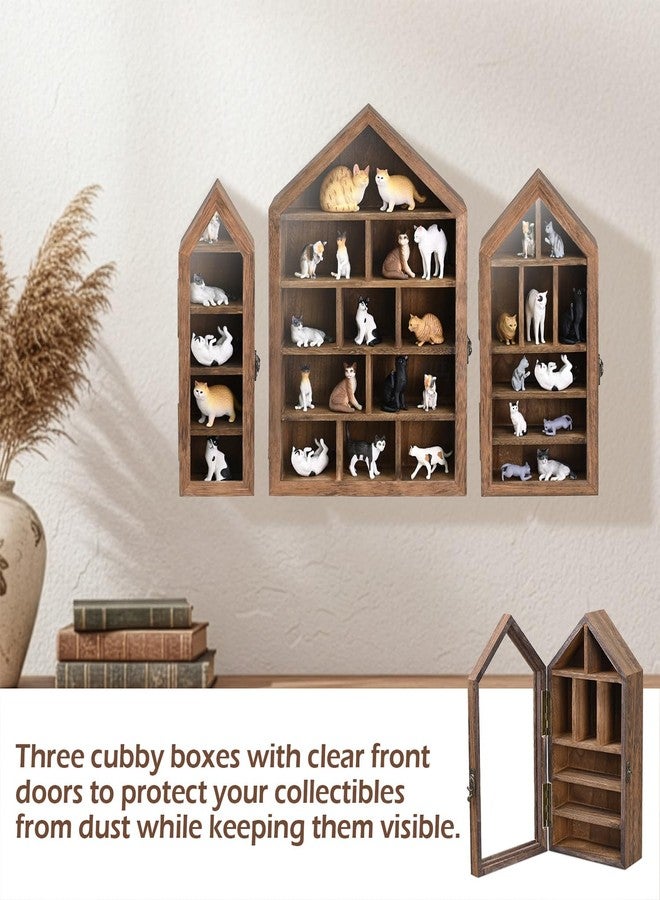 Ikee Design 3 Pcs Set Wall-Mounted House-Shaped Wooden Shadow Cubby Box Display Shelf with Door Storage Display Case for Collectibles, Trinkets, Mini Figures, Brown Color, 21.1W x 3.1D x 14.8H in - Image 4