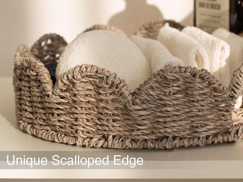 StorageWorks Round Wicker Scalloped Tray, Rattan Serving Trays with Handles, Seagrass Basket for Decorative & Organizing, 13" L x 13" W x 2.75" H - Image 3