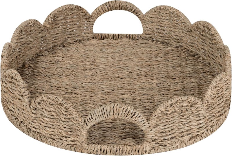 StorageWorks Round Wicker Scalloped Tray, Rattan Serving Trays with Handles, Seagrass Basket for Decorative & Organizing, 13" L x 13" W x 2.75" H - Image 1