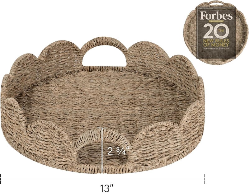 StorageWorks Round Wicker Scalloped Tray, Rattan Serving Trays with Handles, Seagrass Basket for Decorative & Organizing, 13" L x 13" W x 2.75" H - Image 2