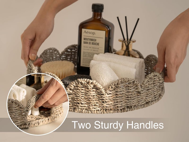 StorageWorks Round Wicker Scalloped Tray, Rattan Serving Trays with Handles, Seagrass Basket for Decorative & Organizing, 13" L x 13" W x 2.75" H - Image 5