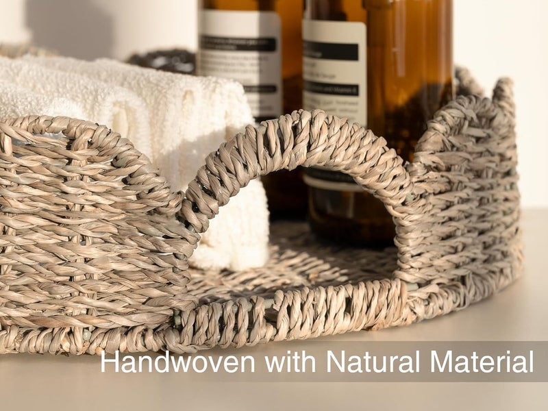 StorageWorks Round Wicker Scalloped Tray, Rattan Serving Trays with Handles, Seagrass Basket for Decorative & Organizing, 13" L x 13" W x 2.75" H - Image 4