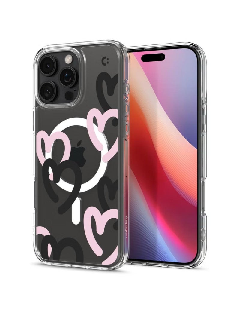 سبايجن غطاء Ultra Hybrid MagFit لهاتف iPhone 16 Pro مع MagSafe (2024) قلوب باللون الأسود والوردي - Image 1