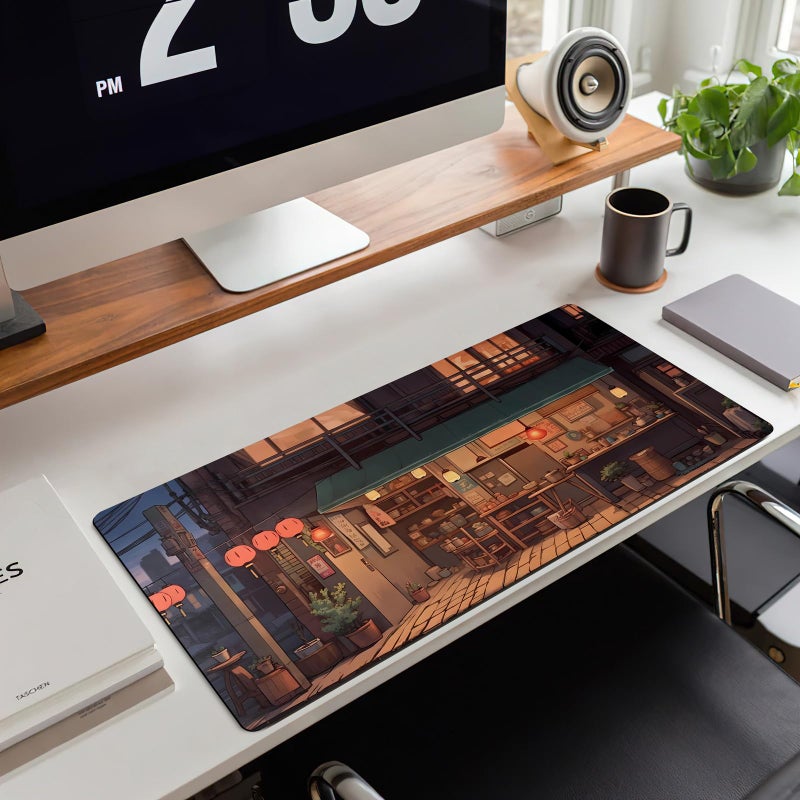 Mechanical Cattle Anime Shop Desk Mat Retro Art Lofi Aesthetic Large Mouse Pad Extended Gaming Mousepad XL Desk Pad Laptop Keyboard Mouse Mat Deskmat 31.5"x11.8" Cute Office Decor - Image 5