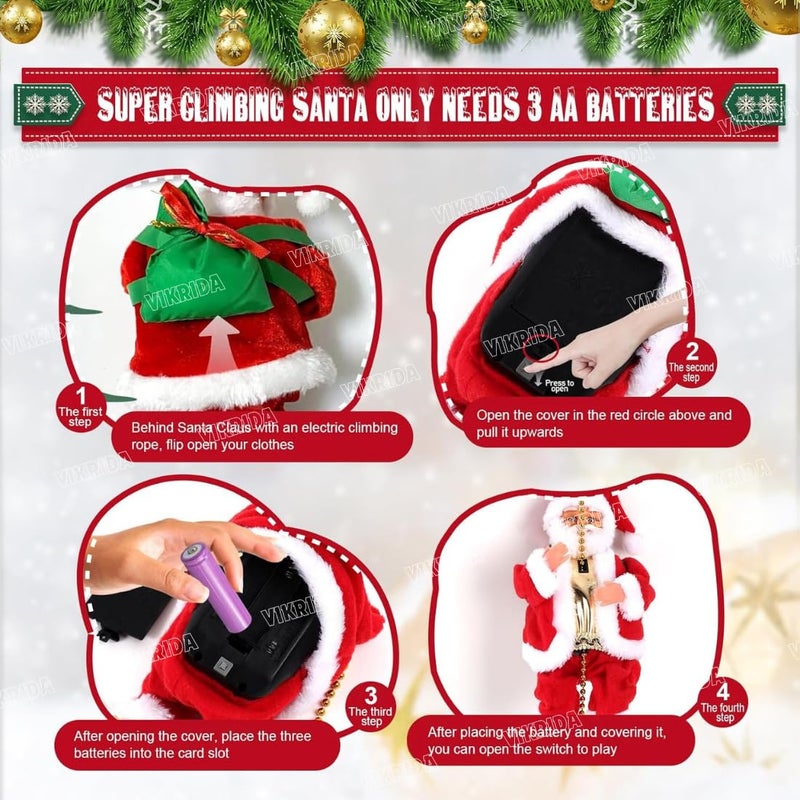 VikriDa Musical Climbing Santa | Christmas Tree Hanging Ornament with Rope, Fun Climbing Santa Claus Decor - Image 4