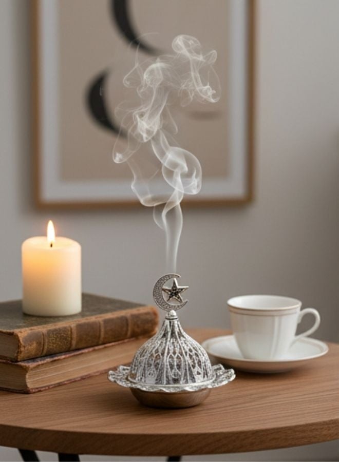 مبخرة بخور عربية فضية - حامل بخور معدني أنيق بغطاء قابل للإزالة لتزيين المنزل وتوزيع متساوٍ للعطر - شكل عشوائي (قطعة واحدة) - Image 4
