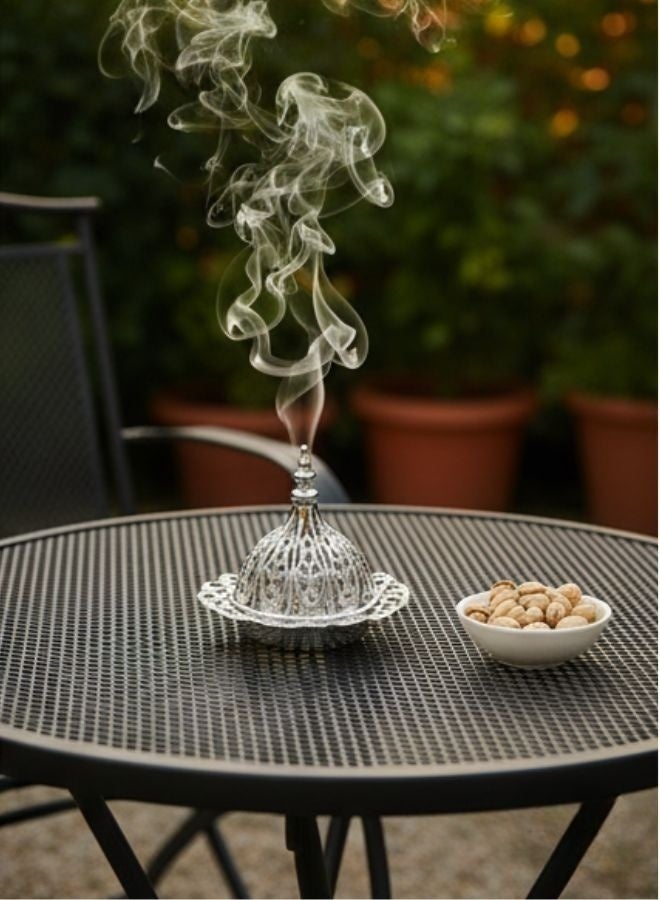 مبخرة بخور عربية فضية - حامل بخور معدني أنيق بغطاء قابل للإزالة لتزيين المنزل وتوزيع متساوٍ للعطر - شكل عشوائي (قطعة واحدة) - Image 3