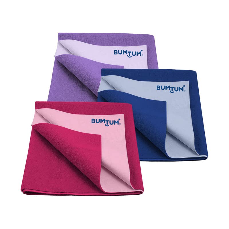 Bumtum Baby Dry Sheet Waterproof Quick Soft Fleece Baby Bed Protector | Anti - Bacterial, Extra Absorbant, Reuseable & Washable (Lilac + Royal Blue + Hot Pink Combo, Large Size, Pack of 3) - Image 1