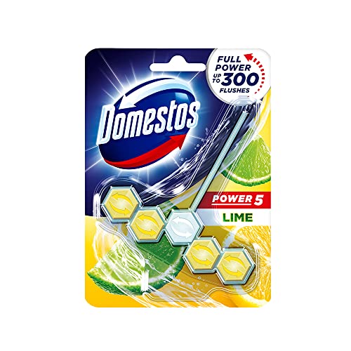 Domestos Toilet Rim Block with Power of 5, Lime, Limescale Removal with Long Lasting Fragrance, Provides Hygiene & Shine, 50 gm / 55 gm - Image 1