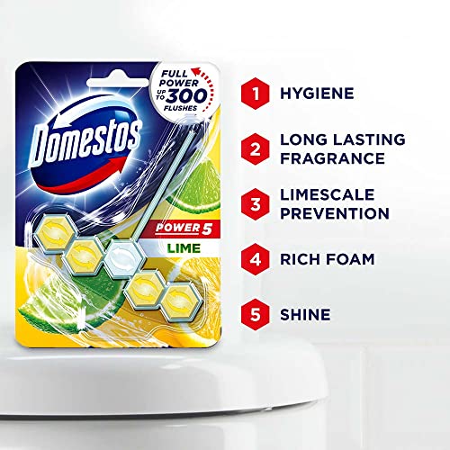Domestos Toilet Rim Block with Power of 5, Lime, Limescale Removal with Long Lasting Fragrance, Provides Hygiene & Shine, 50 gm / 55 gm - Image 2