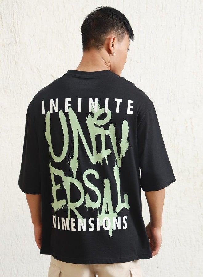 Hubberholme Men's Black 100% Cotton Printed Oversized T-Shirt  - Image 1