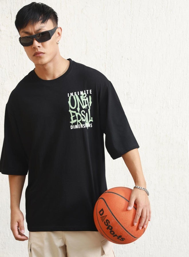 Hubberholme Men's Black 100% Cotton Printed Oversized T-Shirt  - Image 5