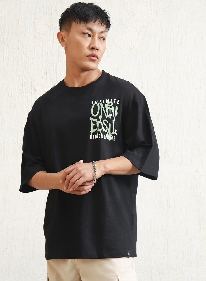Hubberholme Men's Black 100% Cotton Printed Oversized T-Shirt  - Image 3