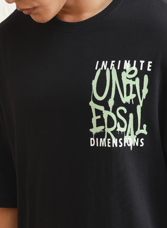 Hubberholme Men's Black 100% Cotton Printed Oversized T-Shirt  - Image 2
