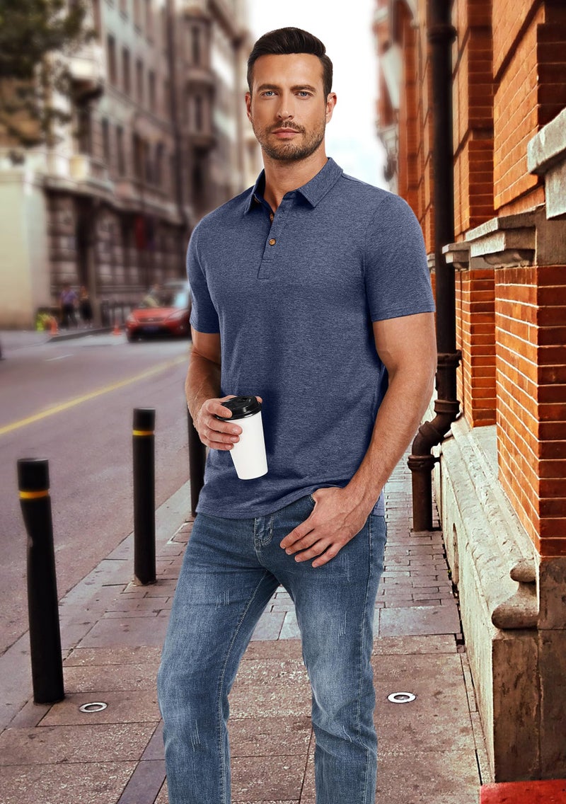 PEGENO Men's Classic Fit Cotton Polo Shirt Casual Short Sleeve Breathable Summer Shirts for Men (Navy Blue-US X-Large) - Image 4