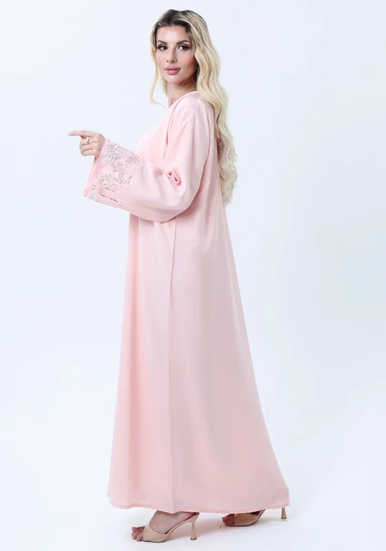 MSquare Fashion Pink Abaya with Ornate Silver Sequined Sleeve Embellishments